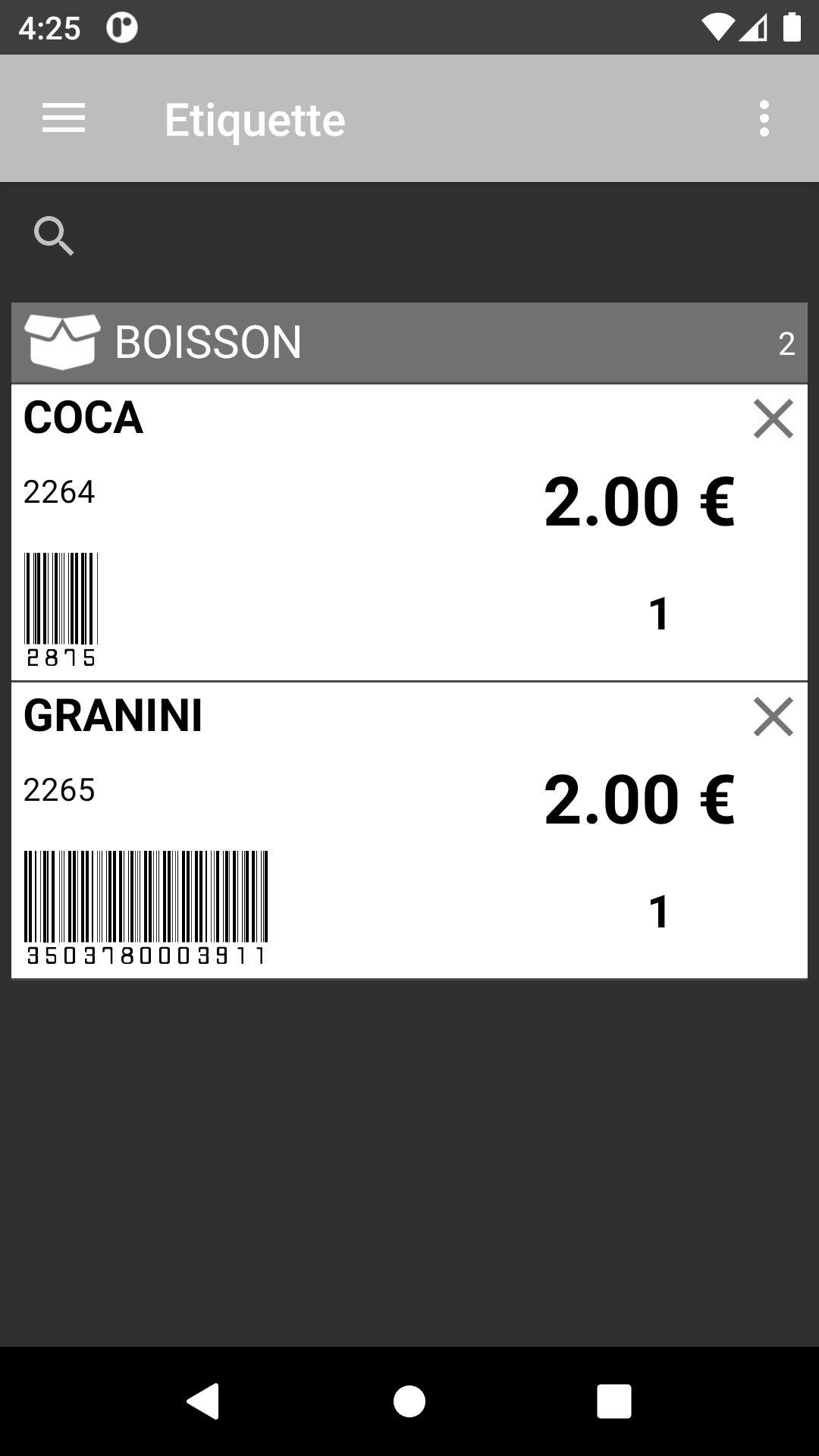 Liste étiquettes Code bar