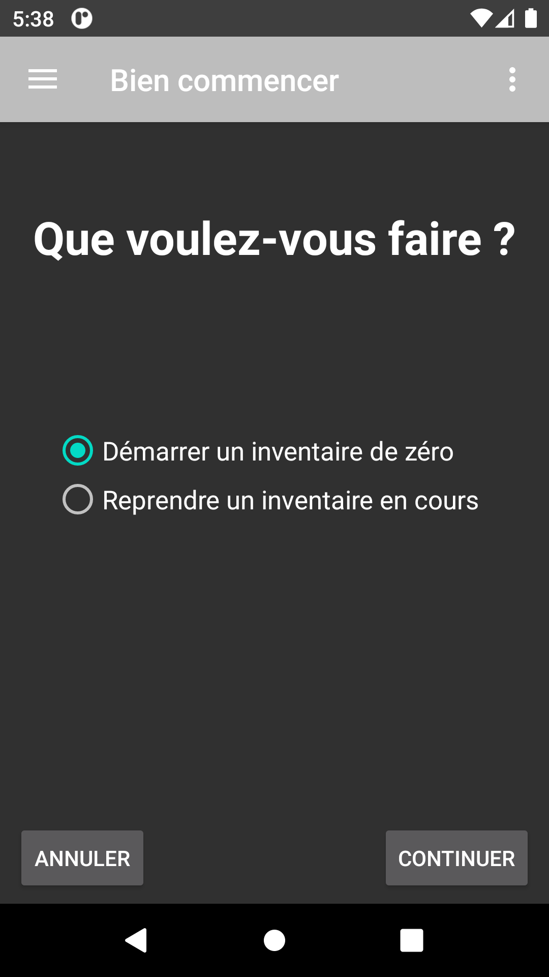 Choix de session inventaire