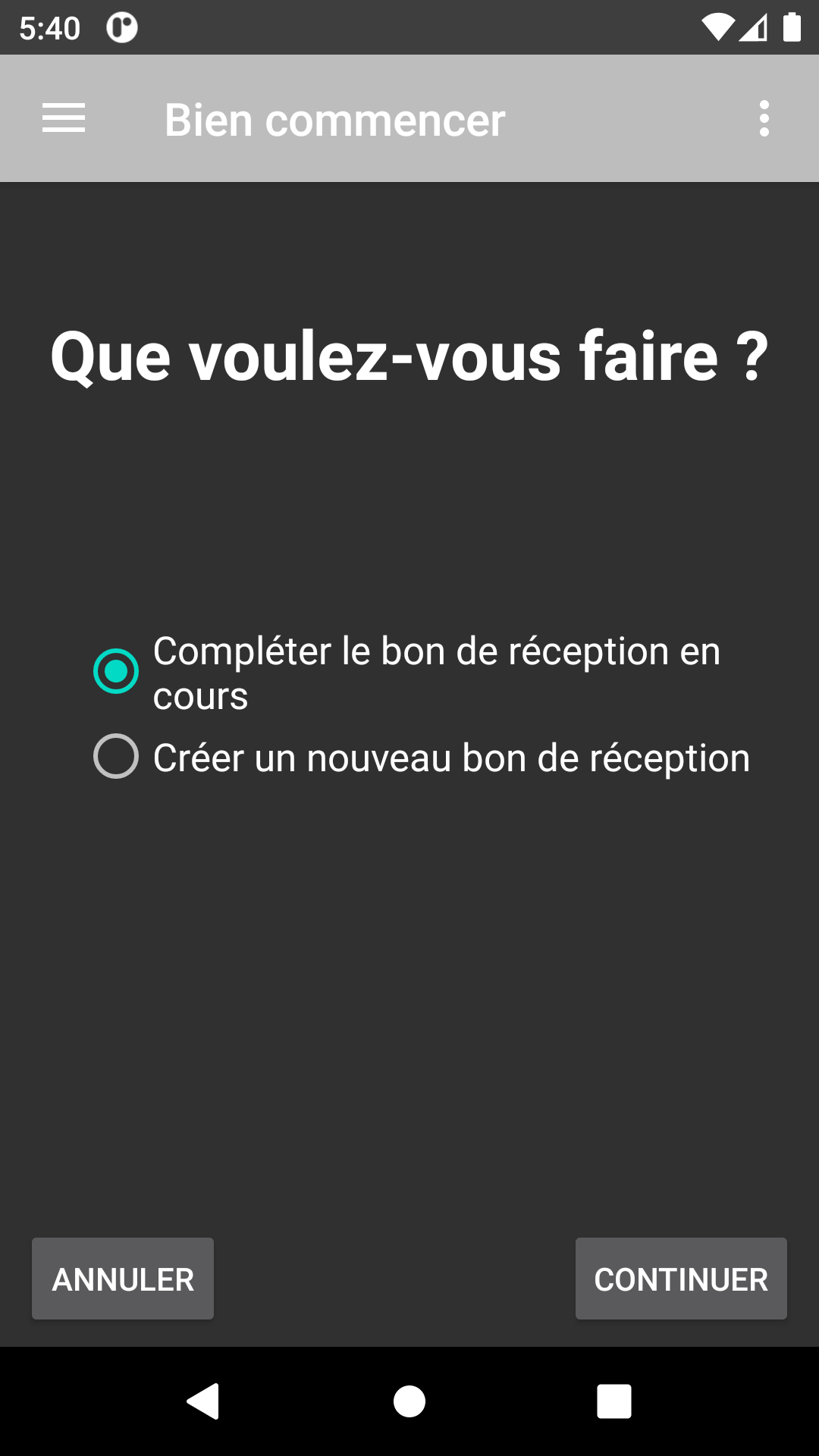Choix bon de réception